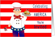 Invitation, Celebrating America, Chef with Cheeseburger at Bar-B-Que card