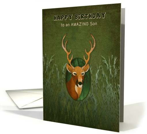 Birthday, Son, Graphic Deer in the Bush, Green Grassy Background card