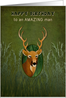 Birthday, An Amazing Man, Graphic Deer in Green Grassy Background card