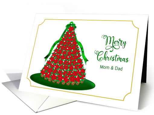 Christmas, Mom & Dad, Red Poinsettia Christmas Tree, Gold Border card