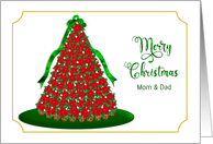 Christmas, Mom & Dad, Red Poinsettia Christmas Tree, Gold Border card