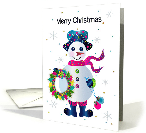Merry Christmas Snowman and Wreath in Bright Vivid Colors card