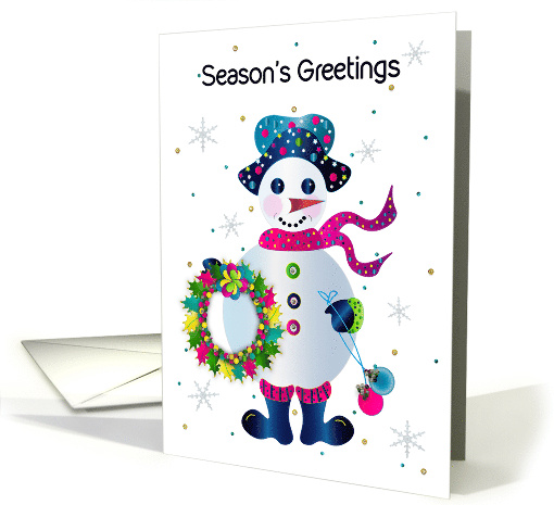 Season's Greetings Snowman and Wreath in Bright Vivid Colors card