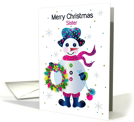 Christmas Sister Snowman and Wreath in Bright Vivid Colors card