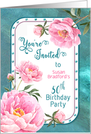 50th Birthday Pink Floral Invitation with Name Insert on Teal card