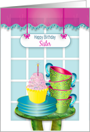 Birthday Sister Window Scene with Cupcake and Stacked Cups card