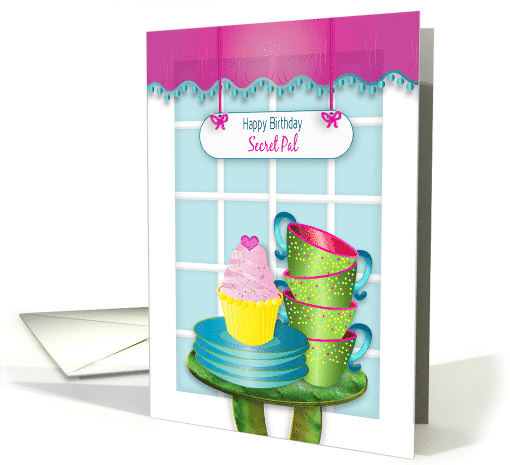Birthday Secret Pal Window Scene with Cupcake and Stacked Cups card
