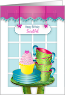 Birthday Secret Pal Window Scene with Cupcake and Stacked Cups card