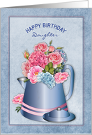Birthday Daughter Old Fashion Coffee Pot with Pink and Blue Flowers card
