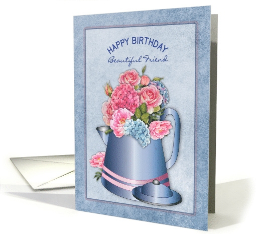 Birthday Friend Old Fashion Coffee Pot with Pink and Blue Flowers card