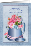 Birthday Friend Old Fashion Coffee Pot with Pink and Blue Flowers card