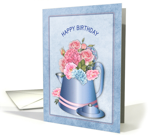 Birthday Old Fashion Coffee Pot with Pink and Blue Flowers card