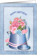 Birthday Old Fashion Coffee Pot with Pink and Blue Flowers card
