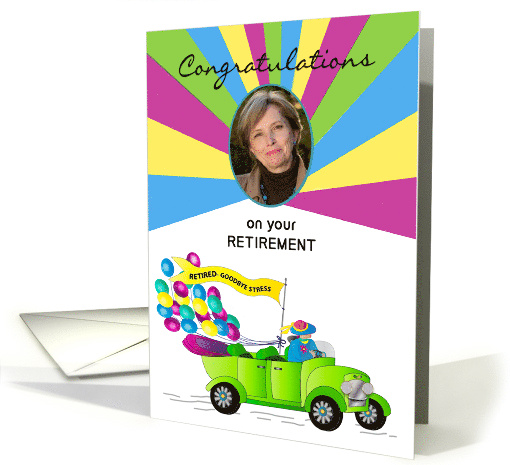Retirement Congratulation For Her Retro Car Balloons Photo Insert card