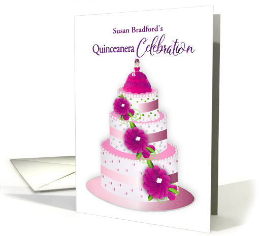 Quinceanera Celebration Invitation 3Tier Cake Flowers Name Insert card