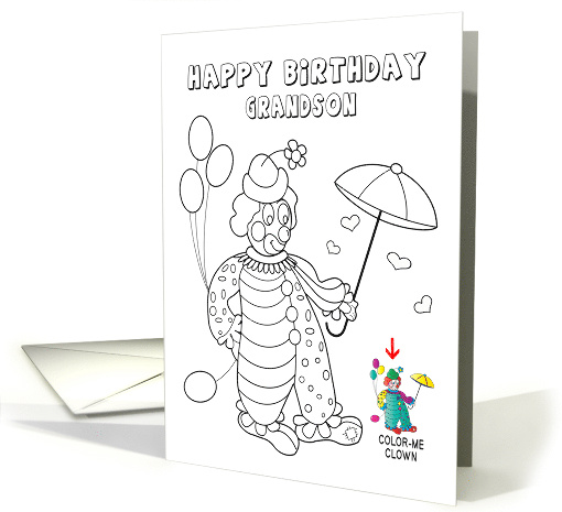 Birthday Grandson Color Me Clown with Hat Balloons and Umbrella card