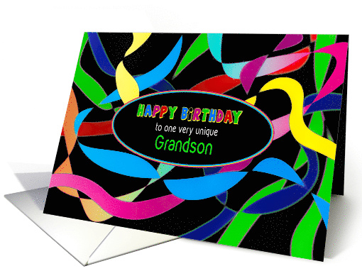 Birthday Grandson in Abstract Multicolored Ribbons Oval Center card