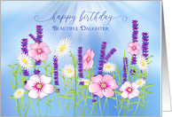 Birthday Daughter Garden Pink Purple White Flowers Isolated on Blue card