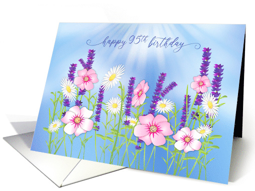 Birthday 95th Garden Pink Purple White Flowers Isolated on Blue card