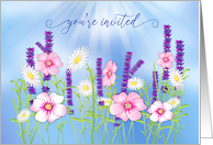 Invitation You’re Invited Garden Pink Purple White Flowers on Blue card