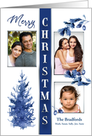 Christmas Three Photo Inserts and Name Insert Blue Nature Watercolor card