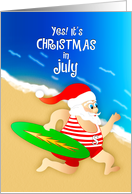 Christmas in July Santa in Vintage Swimsuit Ready to Surf at the Beach card