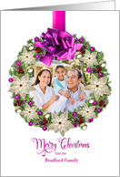 Christmas Wreath Purple Gold Ornaments Poinsettias Add Photo Custom Name card