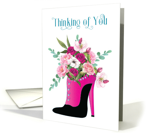 Thinking of You Fashion Fuchsia High Heel with Bouquet of Flowers card