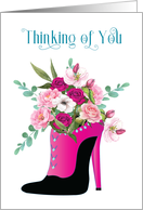 Thinking of You Fashion Fuchsia High Heel with Bouquet of Flowers card