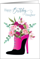 Birthday Daughter Fashion Fuchsia High Heel with Bouquet of Flowers card