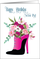 Birthday Secret Pal Fashion Fuchsia High Heel with Bouquet of Flowers card