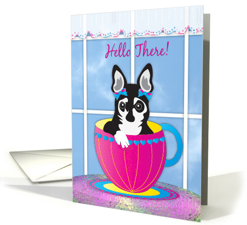 Hello There Small Black Terrier Dog Inside Cup in Front of Window card