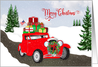 Christmas Retro Car Loaded with Presents on Top Snow Scene USA Flag card