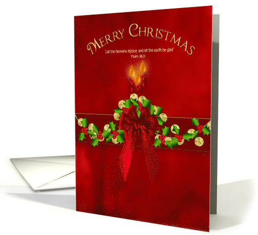 Christmas Candles Holly and Ribbon on Red Christian KJV Verse card