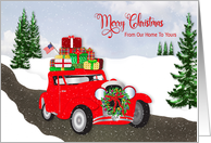 Christmas From Our Home to Yours Retro Red Car Presents on Top in Snow card