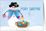 Christmas Snow Lady Quilter with Basket of Quilting Squares Crafts card