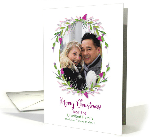 Christmas Name and Photo Insert Purple Green Pink Wreath card