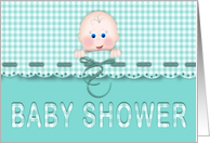 Baby Shower Invitation Aqua Teal Gingham Scallop Border with Baby Face card
