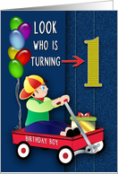 Birthday Invitation for Boy Turning One Red Wagon Balloons on Denim card