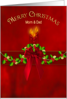 Christmas Mom and Dad Lit Candles isolated on Red Background and Holly card