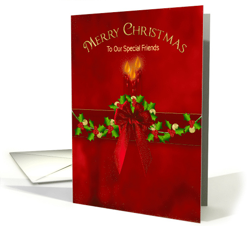 Christmas Friends Lit Candles on Red Background and Holly card
