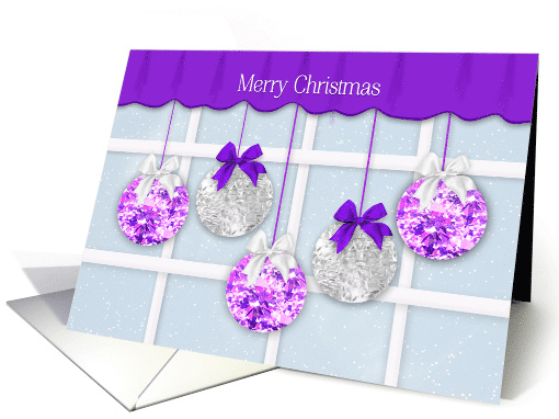 Christmas Window Pane Snowing and Purple Silver Decorations card