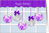 Christmas Happy Holidays Window Pane Snowing Purple Silver Decorations card
