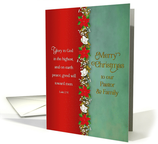 Christmas Pastor and Family Poinsettias Overlap Christian Verse card