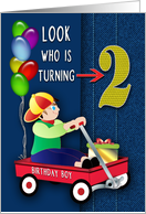 Birthday Party Invitation Boy Age TWO Small Boy Sitting in Red Wagon card