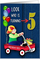 Birthday Party Invitation Boy Age FIVE Small Boy Sitting in Red Wagon card