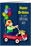 Birthday Boy Small Boy Sitting in Red Wagon Gift and Balloons card