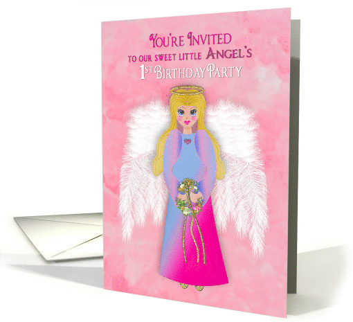 Birthday Party Invitation1st Girl Sweet Angel Life like Wings card