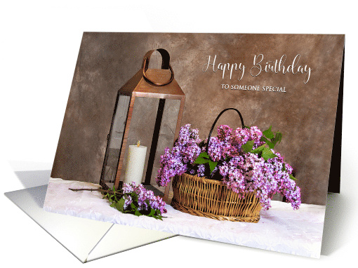 Birthday Someone Special Copper Lantern Basket of Lilacs card