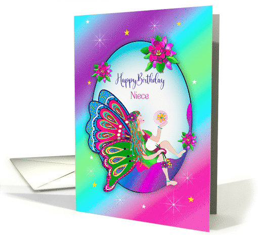Birthday Niece Fairy Colorful Butterfly Wings and Flowers card